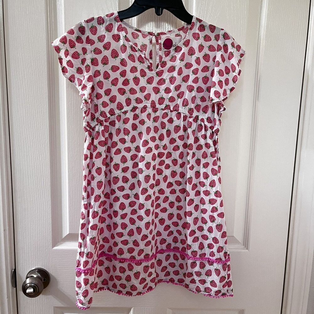 Mini Boden Strawberry Swim Cover Up Dress Pom Poms Girls Size 9-10 years